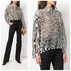 Just Cavalli 100% Silk Animal Print Sheer Shirt Large/8 44